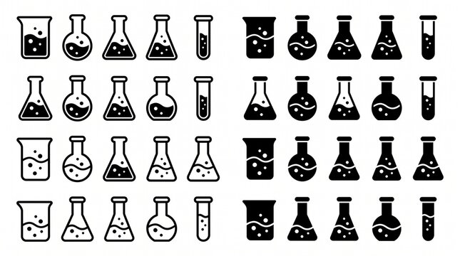 A clean and modern vector icon collection featuring laboratory glassware filled with chemical liquids in a minimalist flat design. The set includes a laboratory beaker, round-bottom flask, Erlenmeyer 