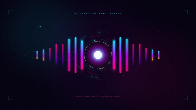 AI artificial intelligence data visualization spectrum audio sound waves digital cognitive sync interface neon futuristic technology background