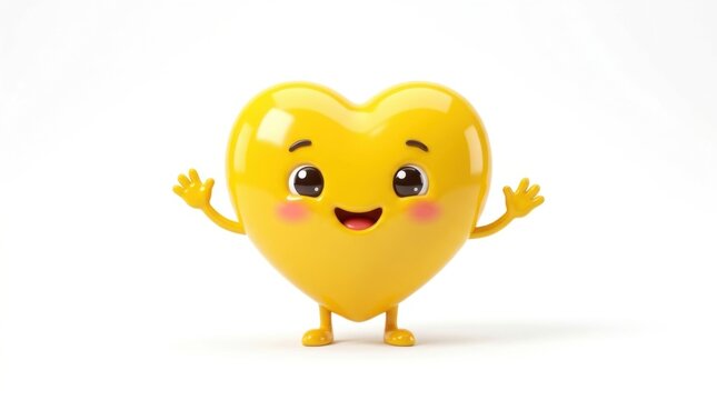 Cute yellow heart character with a friendly smiling face and waving arms standing in a happy and cheerful pose isolated on white background