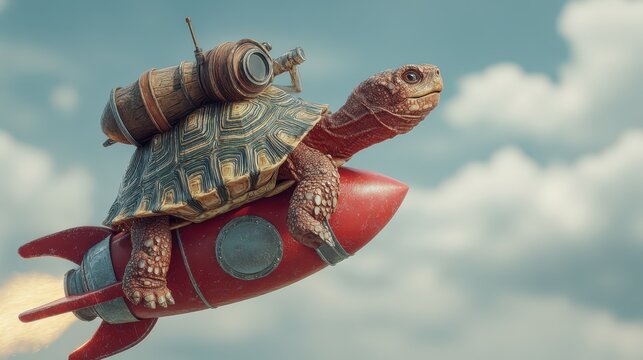 Tortoise with rocket pack flying against a cloudy sky symbolizing speed and progress