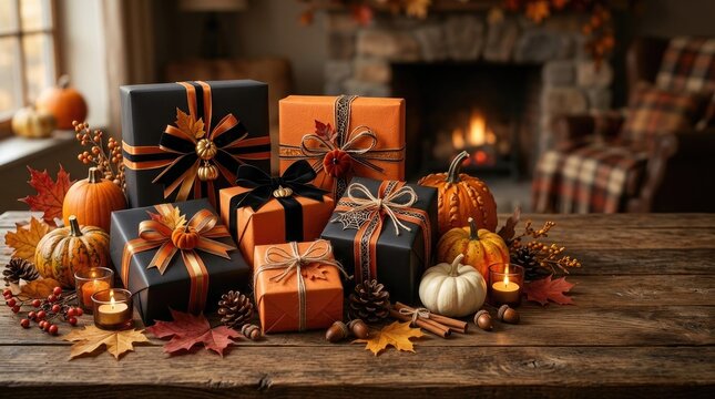 Festive happy halloween halloween2026 banner image and poster featuring wrapped gifts and pumpkins on a rustic wooden table
