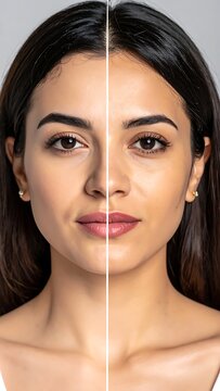 Woman before and after makeup application.
