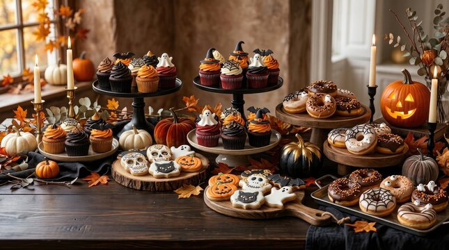 Festive happy halloween 2026 banner image featuring a delicious dessert table display for a spooky holiday party poster