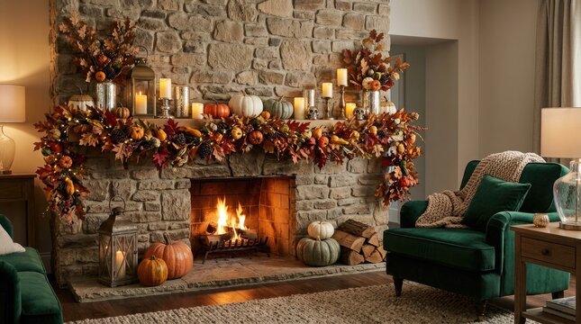 Cozy living room with festive fireplace decor for a happy halloween halloween2026 banner image and poster design
