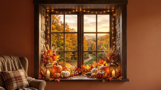 Cozy autumn window scene for a happy halloween 2026 banner image or festive holiday poster design