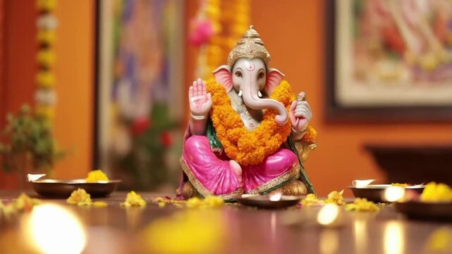 Hindu-inspired living room with colorful Ganesh statue, candles, incense, and framed deities like Krishna and Lakshmi, creating a spiritual, festive atmosphere with vibrant colors and warm ... See Mor