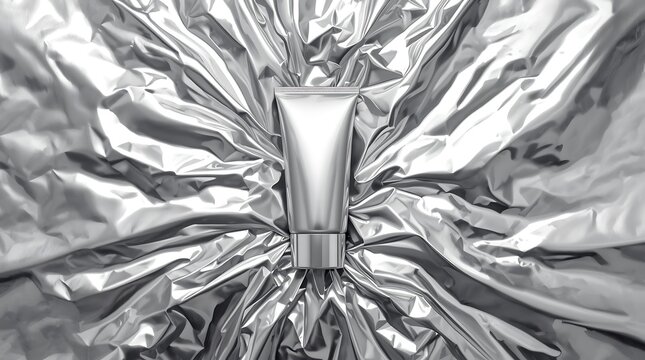 Silver cosmetic tube product packaging on a wrinkled metallic background.
