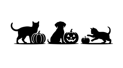 Pets and pumpkins during autumn celebration Vector Silhouette Isolated on white background