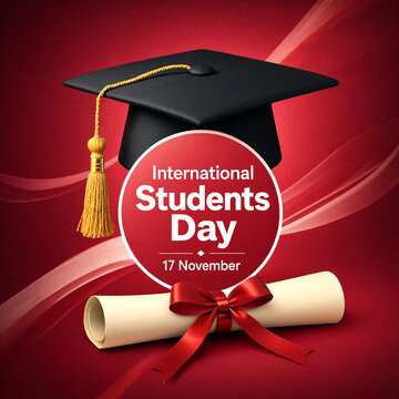 Celebration of international students day with graduation cap diploma and red ribbon design