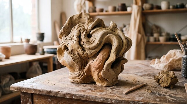 Organic clay sculpture on a worktable in an artist studio