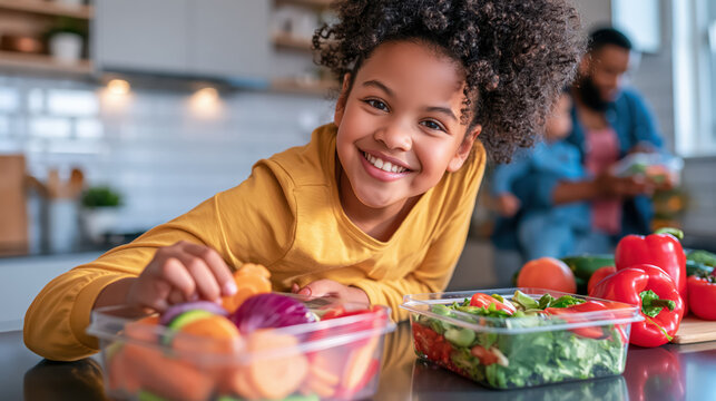 Child smiling preparing vegetable lunch box in kitchen