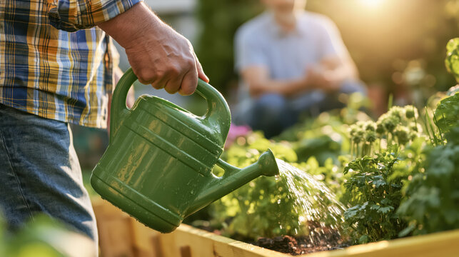 Adult watering herb in raised garden bed, warm sunrise garden care, blurred therapist background