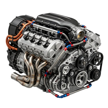 Modern high performance car engine block with complex mechanical parts and steel exhaust pipes
