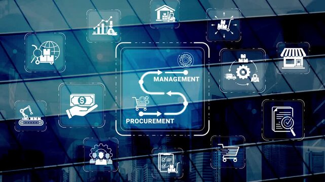 Modern Procurement and Management Concept with Digital Icons Representing Supply Chain, Data Analysis, and Business Strategies Against Glass Building Background Sigmoid