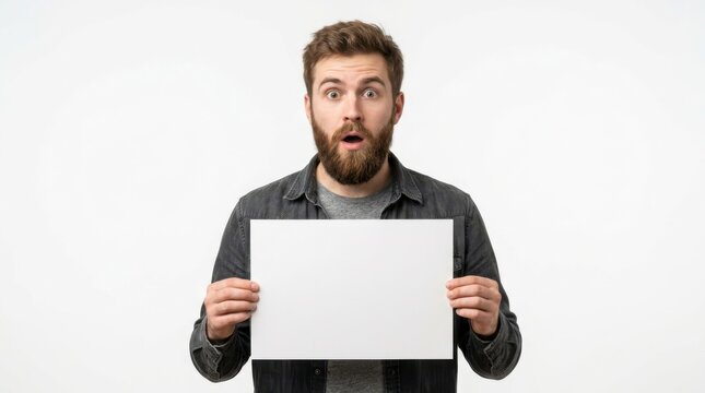 Surprised young man with a beard holding a blank white paper sign for your message isolated on transparent background isolated on white background