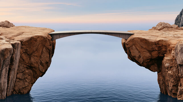 Narrow bridge concrete bridge stone cliff calm water soft fog morning light dramatic landscape negative space