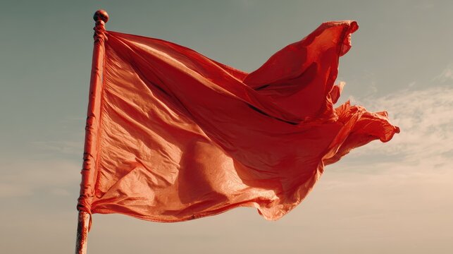 Crimson flag waving against a clear sky during daytime with dramatic lighting and a conceptual theme of warning