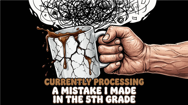 Funny overthinking vector illustration of a tense hand crushing a coffee mug with the quote Currently Processing A Mistake I Made In The 5th Grade, humorous anxiety graphic design for print on demand.