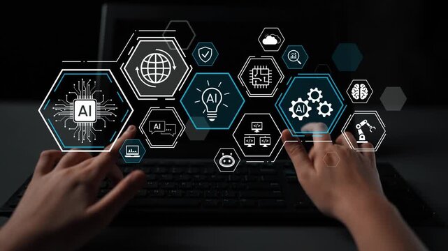 Futuristic technology concept showcasing AI integration with digital icons and hands on a keyboard, symbolizing innovation and modern computing trends. Entropy.