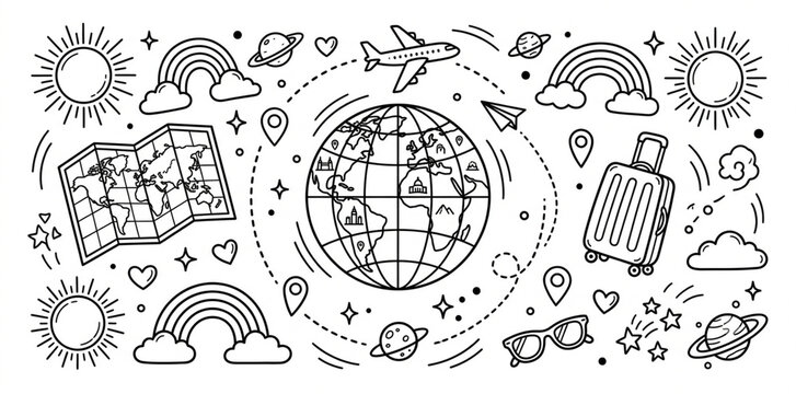 Travel Tourism Hand Drawn Doodle Vector Set Globe Airplane Luggage Map Line Art