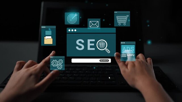 Hands Interacting with SEO Elements on a Laptop Screen Featuring Ads, Target, Shopping Cart, and Email Icons Representing Digital Marketing Concepts. Entropy.