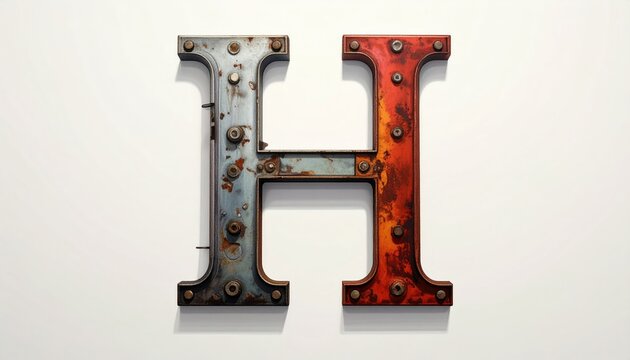 Rustic Metal Letter H Gutted with Bolt Details in White Wall