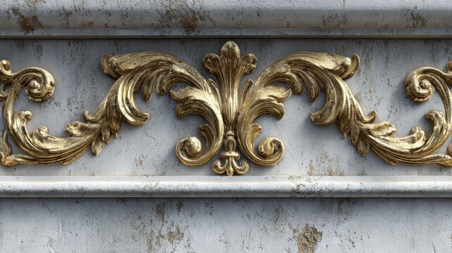 Ornate golden baroque flourish against weathered marble texture with soft studio lighting for luxury design concepts