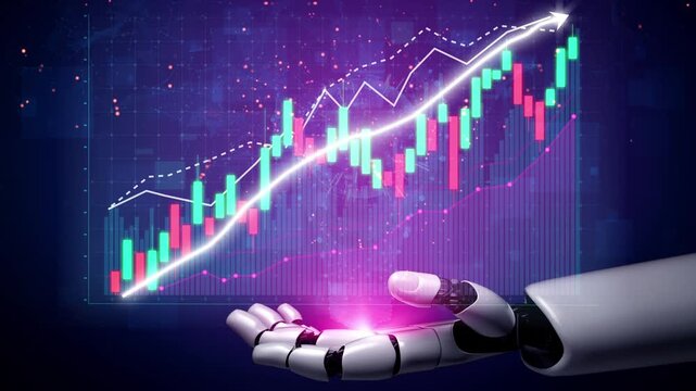 A robotic hand displays vibrant financial charts and trends, symbolizing the integration of technology and finance in modern stock market analysis and investment strategies. Copula