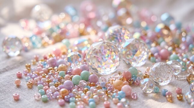 Clear glass beads and crystal spheres on a pastel surface