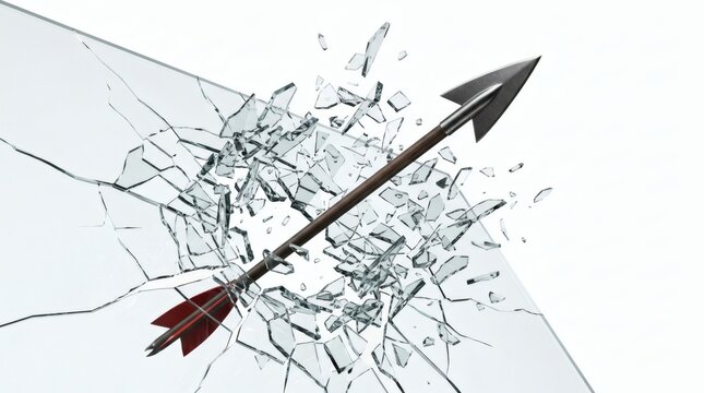 Broken glass arrow concept. Sharp projectile shattering transparent pane. Shattered glass barrier breaking through. Arrow hitting glass obstruction symbol.