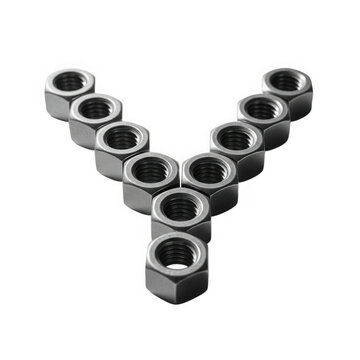 Letter Y shape made from silver metal industrial nuts isolated on transparent background