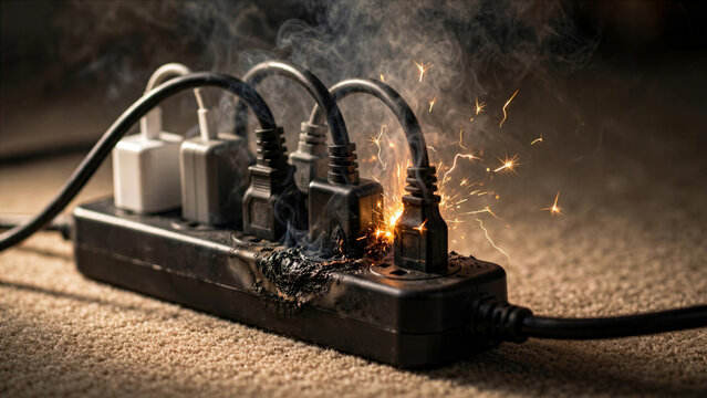 Overloaded extension cord sparking and smoking on carpet domestic electrical fire hazard home insurance concept
