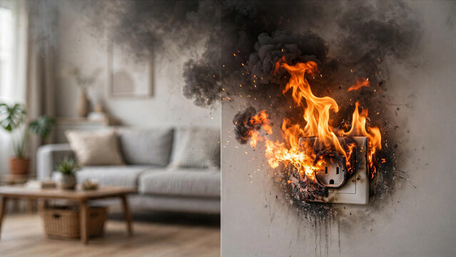 Electric wall socket catching fire with flames and smoke inside house domestic accident and fire insurance concept