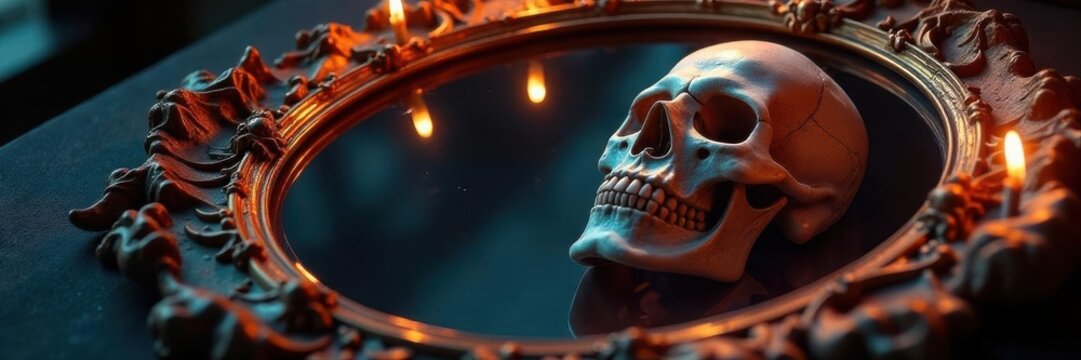 Ornate gothic mirror reflects candlelight on skulls , morbid, macabre