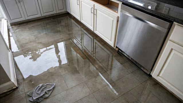 Flooded kitchen floor with water puddle reflecting cabinets house appliance plumbing leakage damage concept