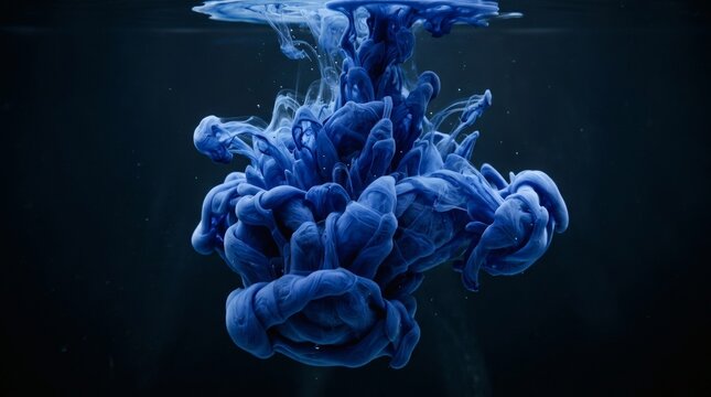 Deep blue ink dye drop in water, creative abstract smoke cloud, fluid ink splash on black background