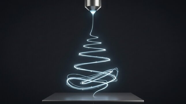 3d illustration of futuristic neon spring coil spiraling from nozzle onto dark grey platform, abstract technology concept with glowing light trail