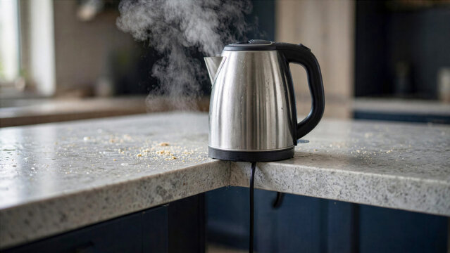 Boiling electric kettle placed close to counter edge hanging cord dangerous child burn hazard kitchen safety
