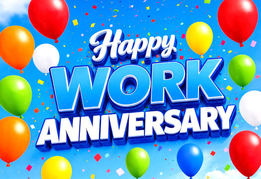 Colorful happy work anniversary celebration with balloons and confetti in vibrant design