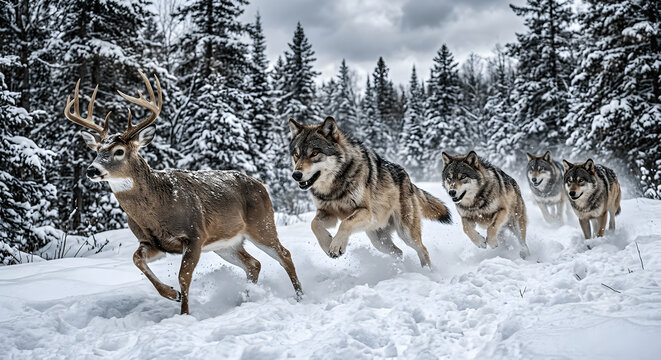 An ultra realistic wildlife scene featuring a pack of gray wolves chasing a white-tailed deer through a snow-covered winter forest. Fresh snow is kicked into the air as the predators pursue their prey