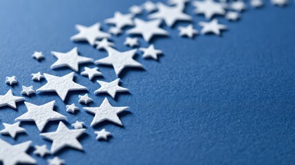 Fototapeta premium White stars scattered across a deep blue textured background with shallow depth of field creating a magical celebratory atmosphere