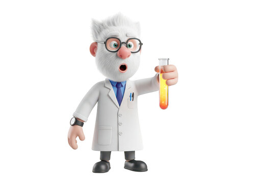 Cartoon scientist holding a test tube with orange liquid
