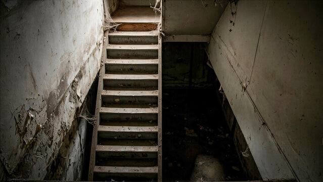 Steep basement staircase with missing handrail dark shadows residential building code safety violation