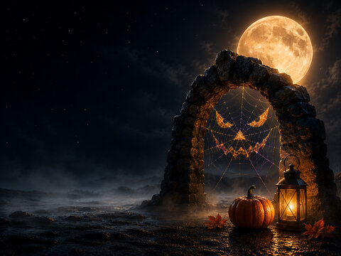 Spooky halloween night with full moon jack-o'-lantern lantern under an archway night sky halloween moonlight traditional