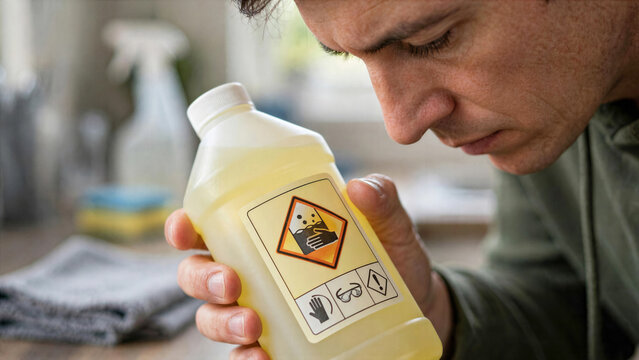 Reading warning label on dangerous chemical bleach bottle before use domestic household chemical safety