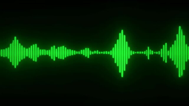 Neon green audio waveform bars forming symmetric peaks and troughs across centered horizontal line on deep black background, glowing with modern digital energy and clean studio contrast