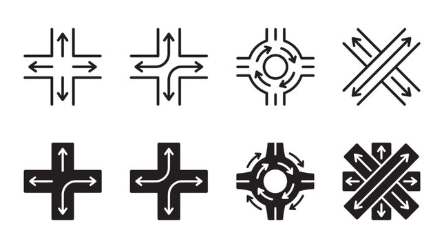 Road intersection and traffic navigation icon set for urban planning with intersection navigation roundabout junction