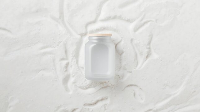 Clear Glass Jar Filled with White Creamy Substance on a White Textured Background.