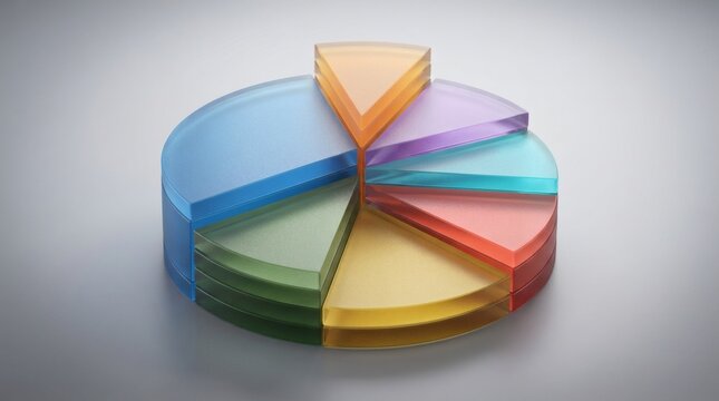 Colorful 3D pie chart with floating segment, business infographic template with copy space, concept of data analysis and statistical growth, glossy icon for marketing presentation