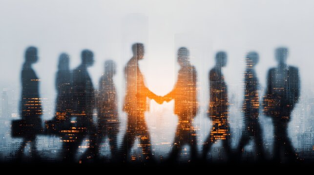 Double exposure business handshake with crowd silhouette over modern city background for corporate partnership.